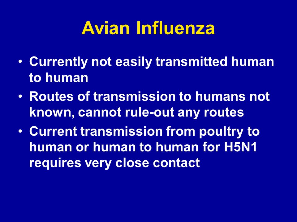Avian Influenza Currently not easily transmitted human to human Routes of transmission to humans not known, cannot rule-out any routes Current transmission from poultry to human or human to human for H5N1 requires very close contact