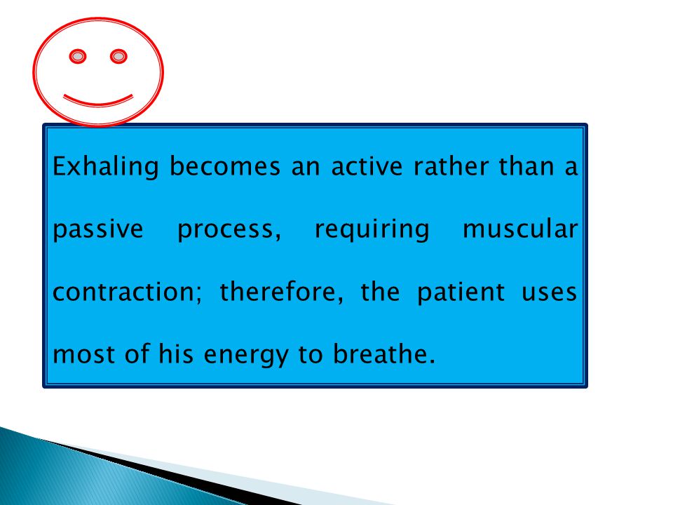 Exhaling becomes an active rather than a passive process, requiring muscular contraction; therefore, the patient uses most of his energy to breathe.