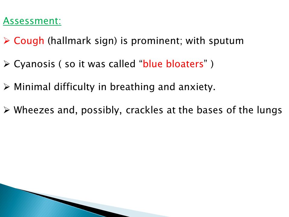 Assessment:  Cough (hallmark sign) is prominent; with sputum  Cyanosis ( so it was called blue bloaters )  Minimal difficulty in breathing and anxiety.