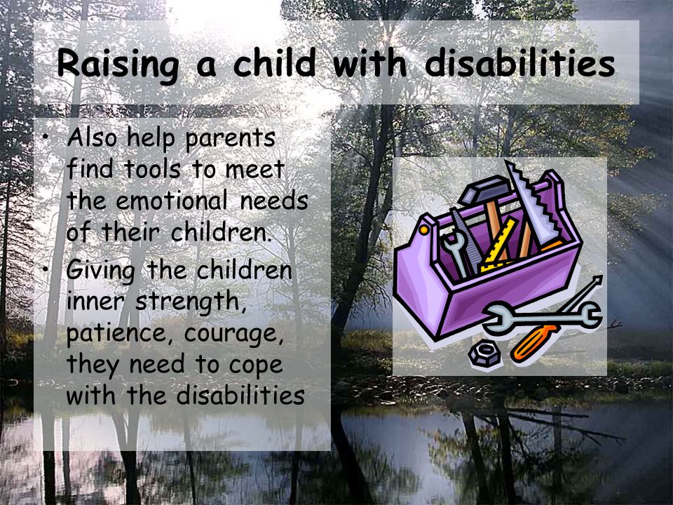 Raising a child with disabilities Also help parents find tools to meet the emotional needs of their children.