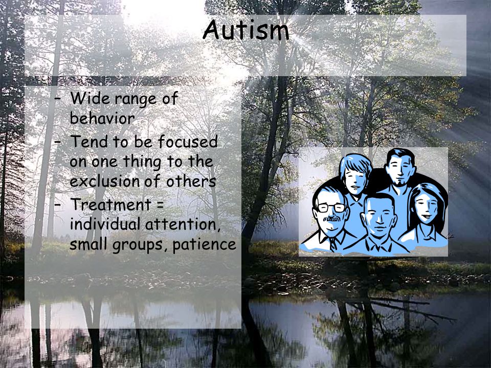 Autism –Wide range of behavior –Tend to be focused on one thing to the exclusion of others –Treatment = individual attention, small groups, patience