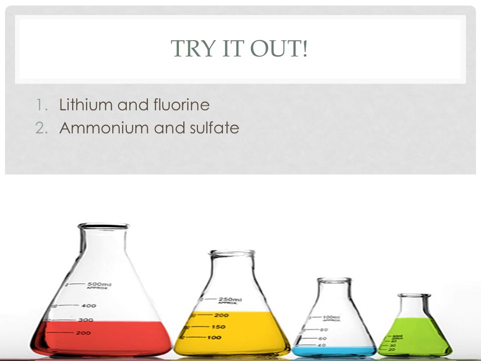TRY IT OUT! 1.Lithium and fluorine 2.Ammonium and sulfate