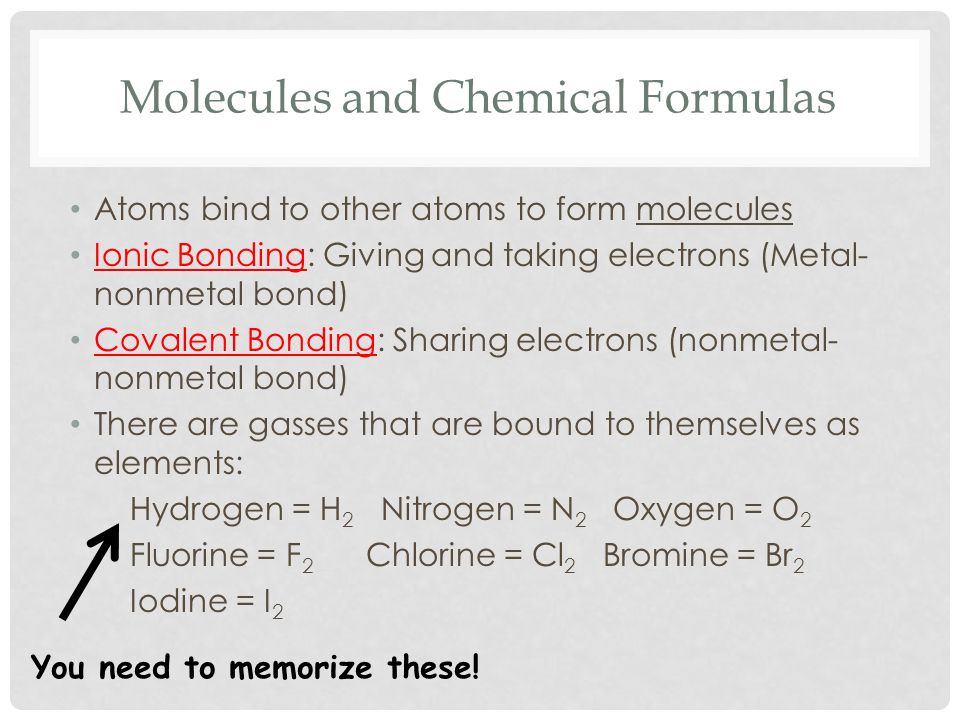 Molecules and Chemical Formulas Atoms bind to other atoms to form molecules Ionic Bonding: Giving and taking electrons (Metal- nonmetal bond) Covalent Bonding: Sharing electrons (nonmetal- nonmetal bond) There are gasses that are bound to themselves as elements: Hydrogen = H 2 Nitrogen = N 2 Oxygen = O 2 Fluorine = F 2 Chlorine = Cl 2 Bromine = Br 2 Iodine = I 2 You need to memorize these!