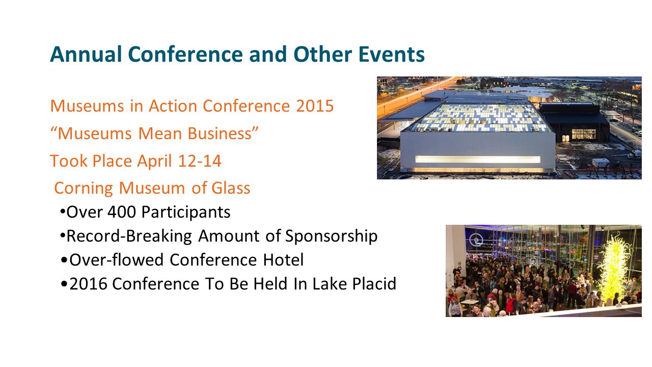 Annual Conference and Other Events Museums in Action Conference 2015 Museums Mean Business Took Place April Corning Museum of Glass Over 400 Participants Record-Breaking Amount of Sponsorship Over-flowed Conference Hotel 2016 Conference To Be Held In Lake Placid