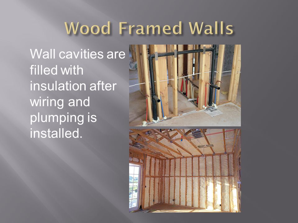 Wall cavities are filled with insulation after wiring and plumping is installed.