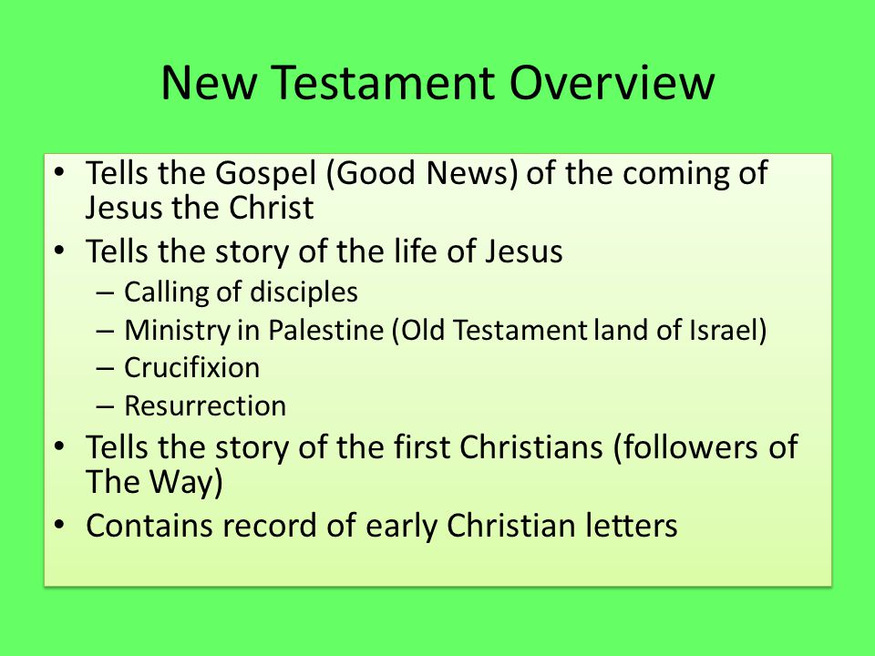 New Testament Overview Tells the Gospel (Good News) of the coming of Jesus the Christ Tells the story of the life of Jesus – Calling of disciples – Ministry in Palestine (Old Testament land of Israel) – Crucifixion – Resurrection Tells the story of the first Christians (followers of The Way) Contains record of early Christian letters Tells the Gospel (Good News) of the coming of Jesus the Christ Tells the story of the life of Jesus – Calling of disciples – Ministry in Palestine (Old Testament land of Israel) – Crucifixion – Resurrection Tells the story of the first Christians (followers of The Way) Contains record of early Christian letters