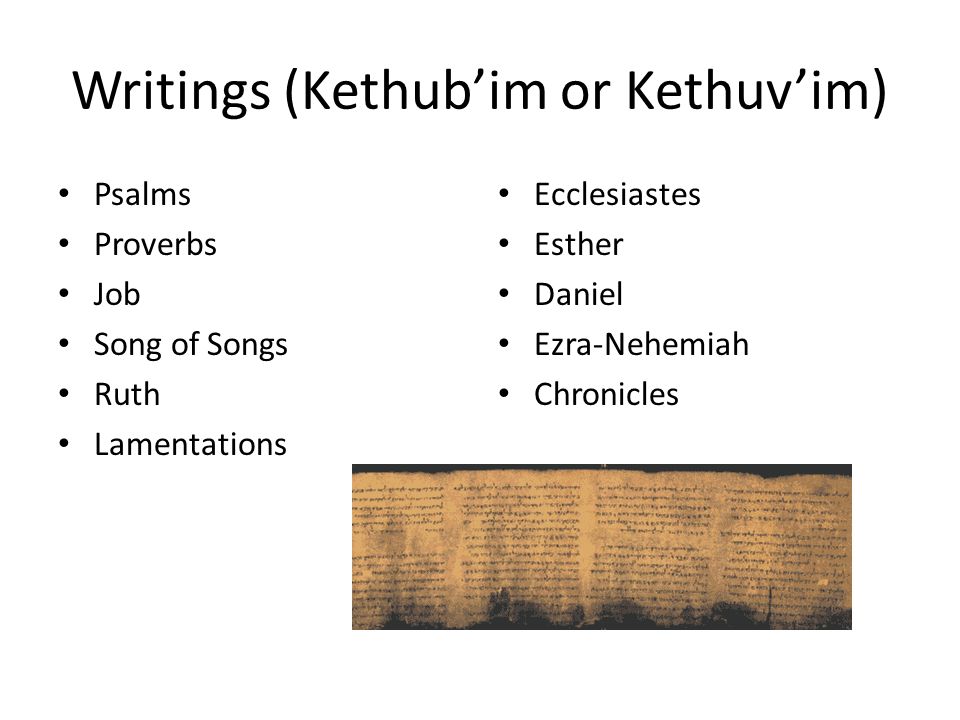 Writings (Kethub’im or Kethuv’im) Psalms Proverbs Job Song of Songs Ruth Lamentations Ecclesiastes Esther Daniel Ezra-Nehemiah Chronicles