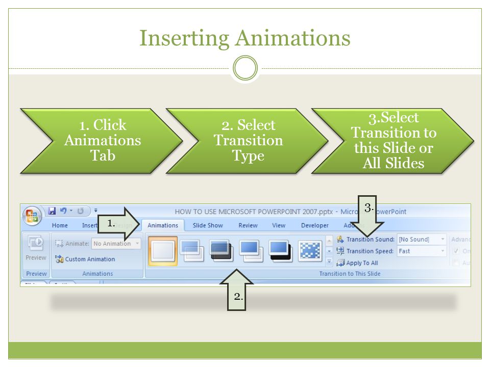 Inserting Animations 1. Click Animations Tab 2.