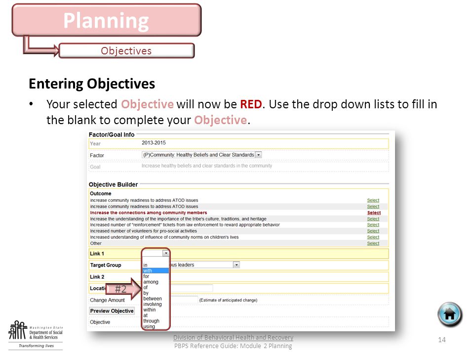 Planning Objectives Entering Objectives Your selected Objective will now be RED.