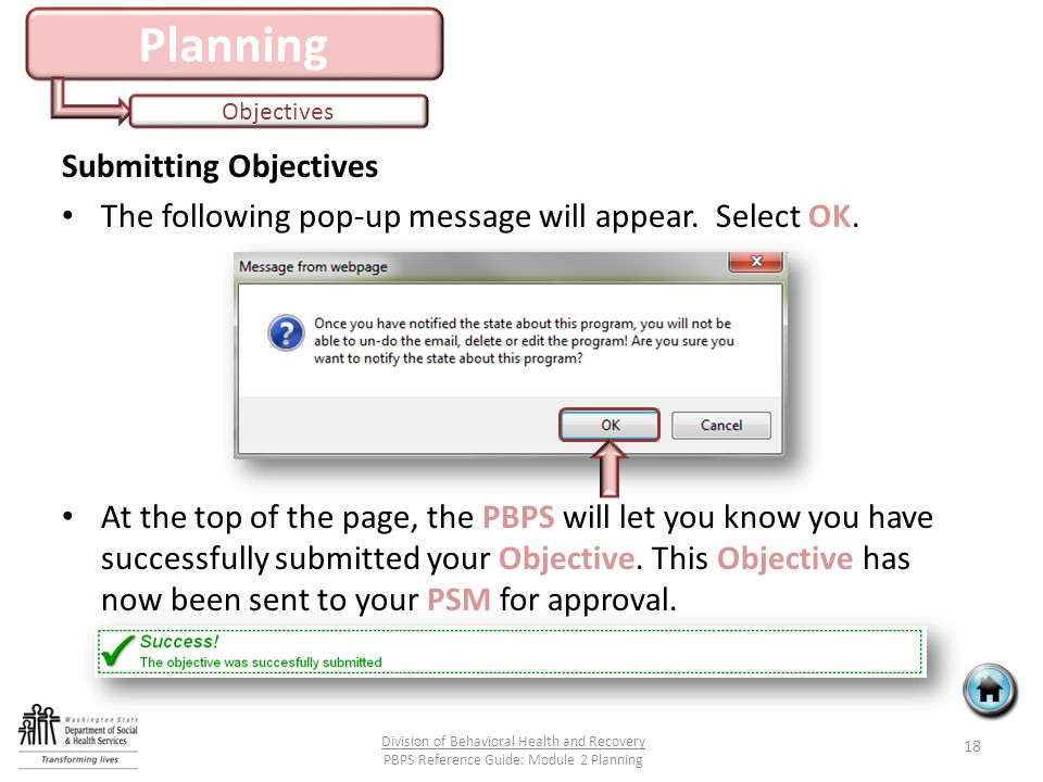 Planning Objectives Submitting Objectives The following pop-up message will appear.
