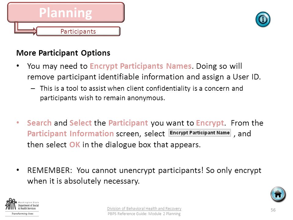 Planning Participants More Participant Options You may need to Encrypt Participants Names.