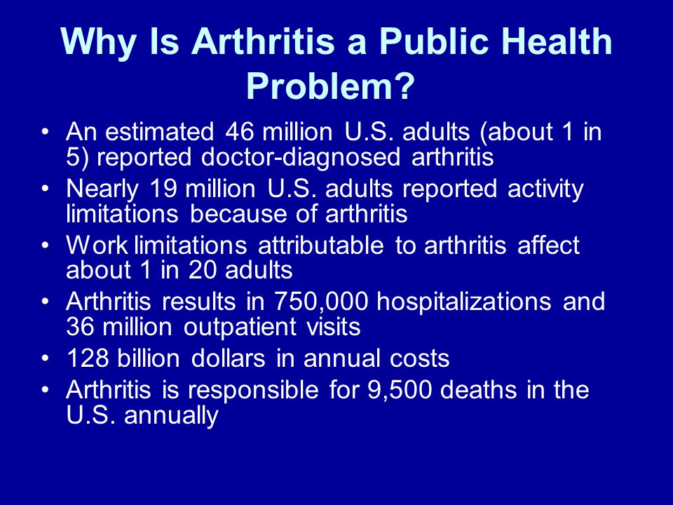 Why Is Arthritis a Public Health Problem. An estimated 46 million U.S.