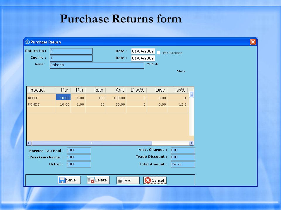 Purchase Returns form