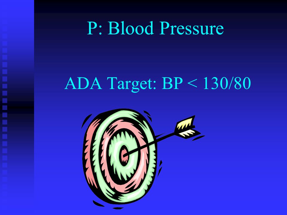 ADA Target: BP < 130/80 P: Blood Pressure