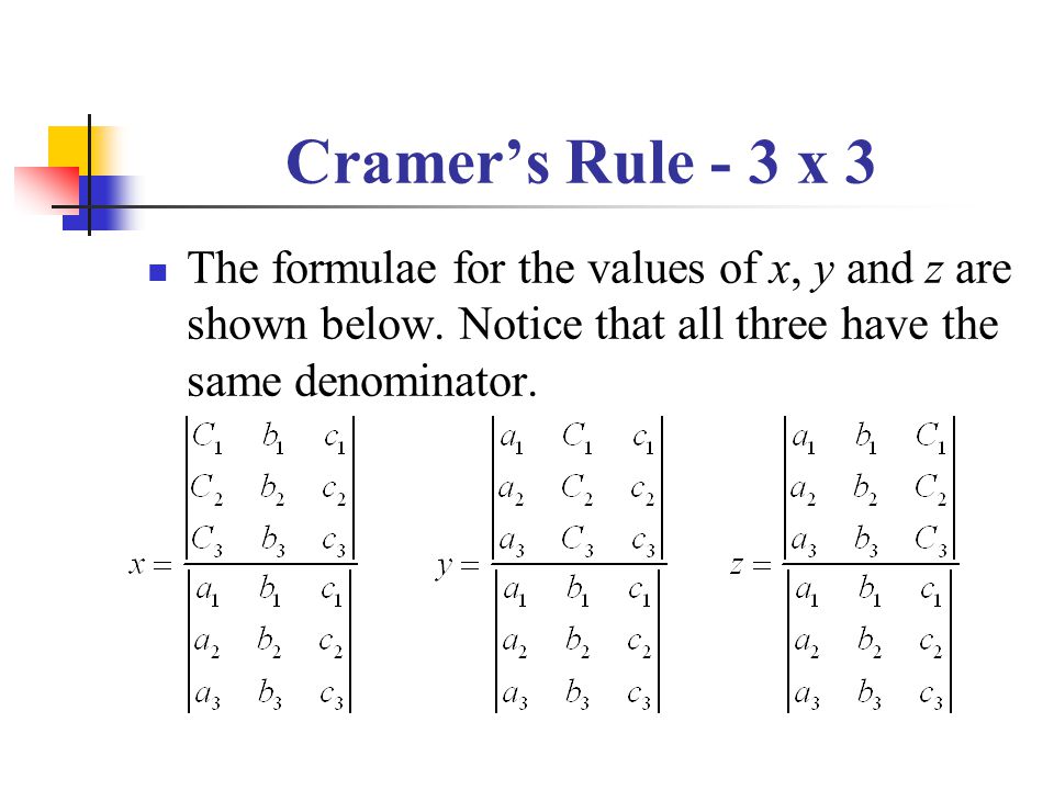 Cramer’s Rule - 3 x 3 The formulae for the values of x, y and z are shown below.