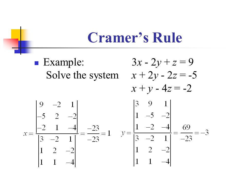 Cramer’s Rule Example:3x - 2y + z = 9 Solve the systemx + 2y - 2z = -5 x + y - 4z = -2