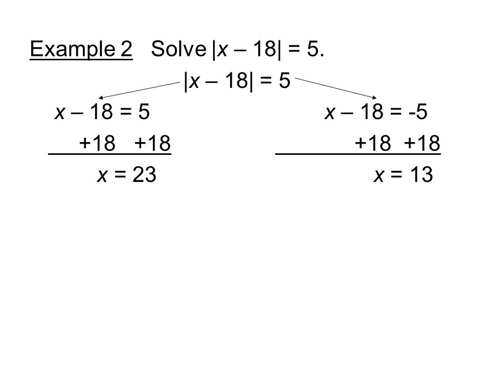Example 2 Solve |x – 18| = 5. |x – 18| = 5 x – 18 = 5x – 18 = x = 23x = 13