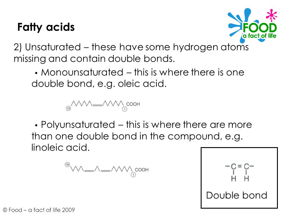 © Food – a fact of life 2009 Fatty acids 2) Unsaturated – these have some hydrogen atoms missing and contain double bonds.
