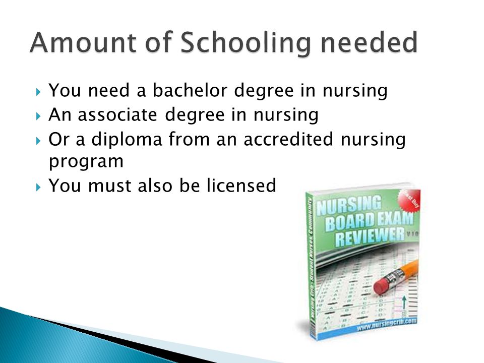  You need a bachelor degree in nursing  An associate degree in nursing  Or a diploma from an accredited nursing program  You must also be licensed