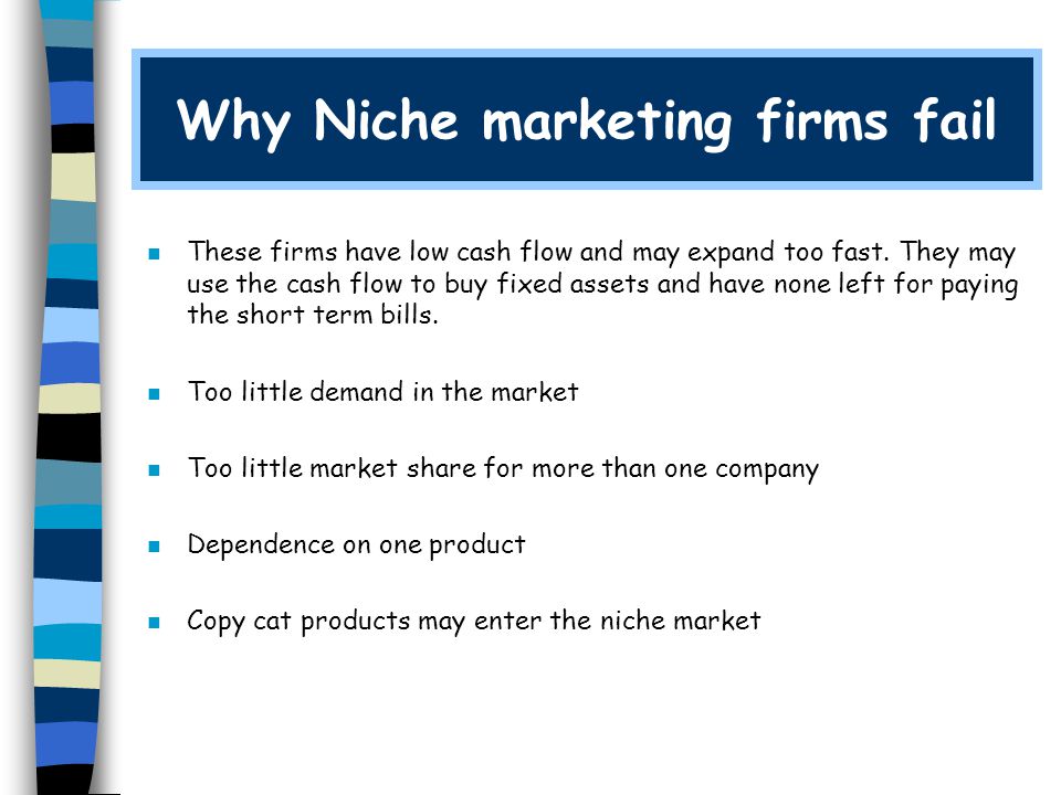 Why Niche marketing firms fail n These firms have low cash flow and may expand too fast.