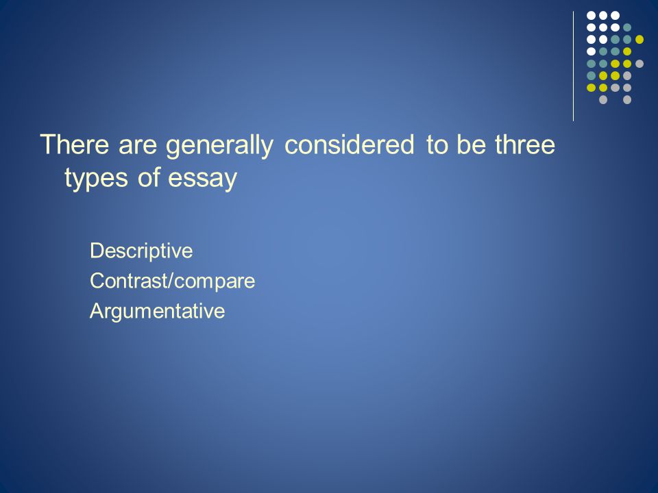 There are generally considered to be three types of essay Descriptive Contrast/compare Argumentative