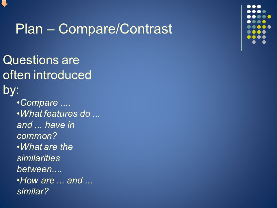 Plan – Compare/Contrast Questions are often introduced by: Compare....