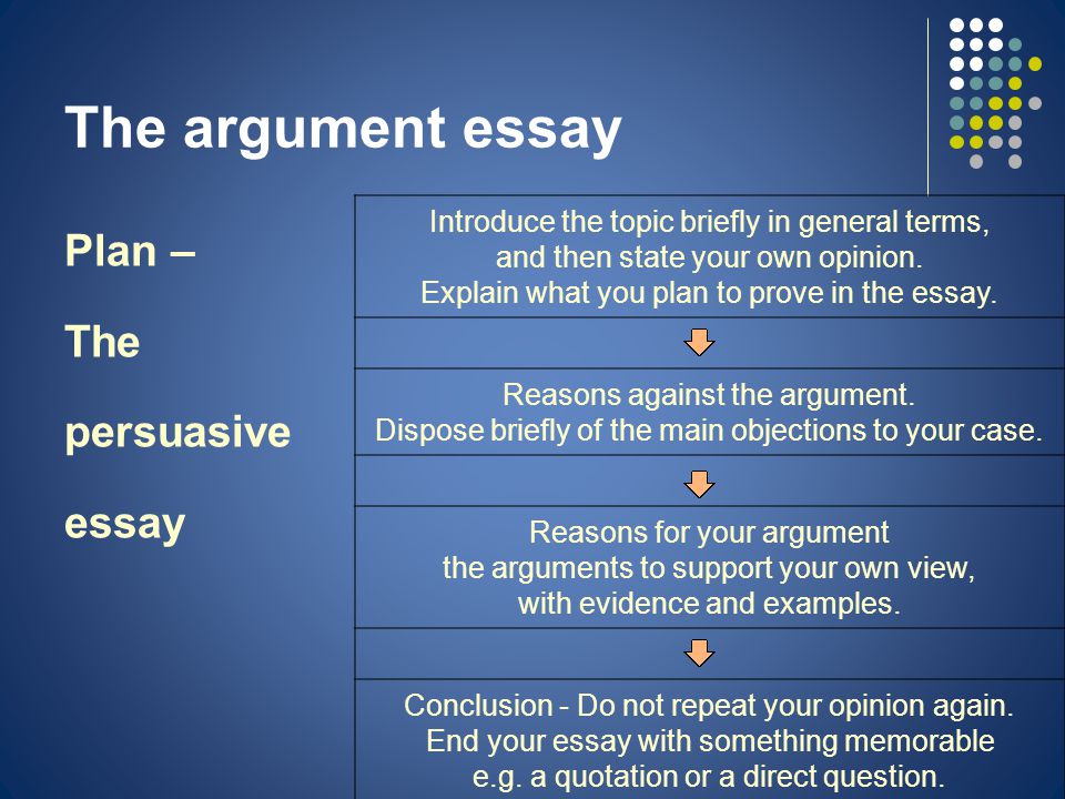 The argument essay Plan – The persuasive essay Introduce the topic briefly in general terms, and then state your own opinion.