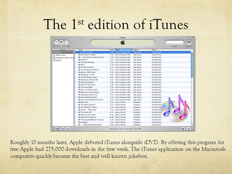 The 1 st edition of iTunes Roughly 10 months later, Apple debuted iTunes alongside iDVD.