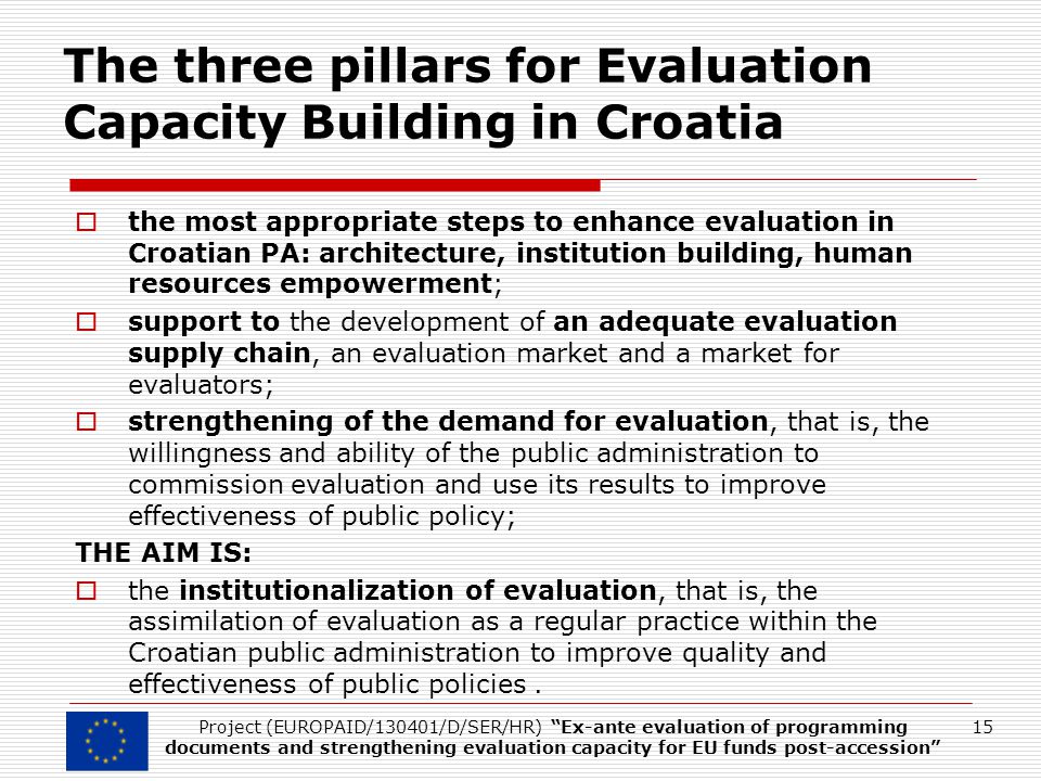 The three pillars for Evaluation Capacity Building in Croatia  the most appropriate steps to enhance evaluation in Croatian PA: architecture, institution building, human resources empowerment;  support to the development of an adequate evaluation supply chain, an evaluation market and a market for evaluators;  strengthening of the demand for evaluation, that is, the willingness and ability of the public administration to commission evaluation and use its results to improve effectiveness of public policy; THE AIM IS:  the institutionalization of evaluation, that is, the assimilation of evaluation as a regular practice within the Croatian public administration to improve quality and effectiveness of public policies.