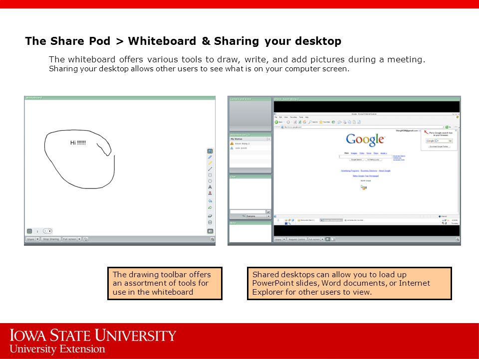 The drawing toolbar offers an assortment of tools for use in the whiteboard Shared desktops can allow you to load up PowerPoint slides, Word documents, or Internet Explorer for other users to view.