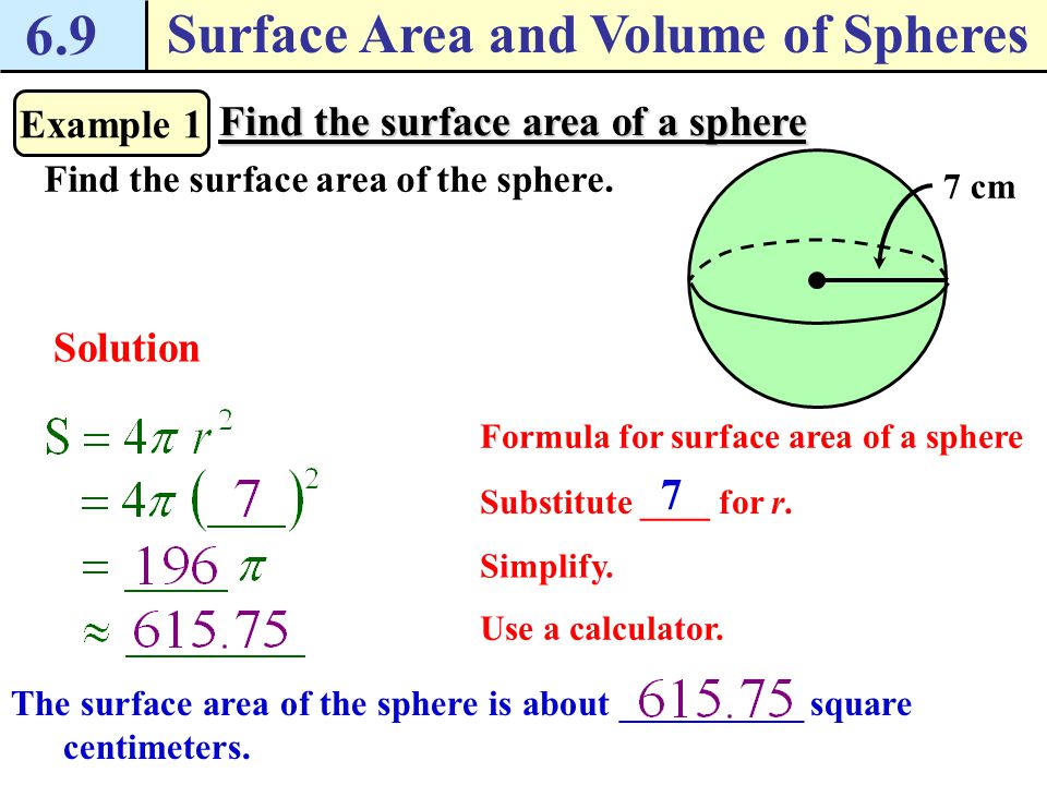 6.9 Surface Area and Volume of Spheres Theorem 6.22 The surface area S of a sphere is S = _______, where r is the radius of the sphere.