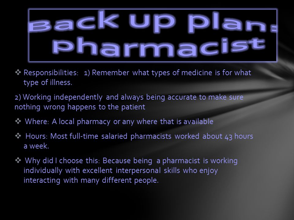  Responsibilities: 1) Remember what types of medicine is for what type of illness.