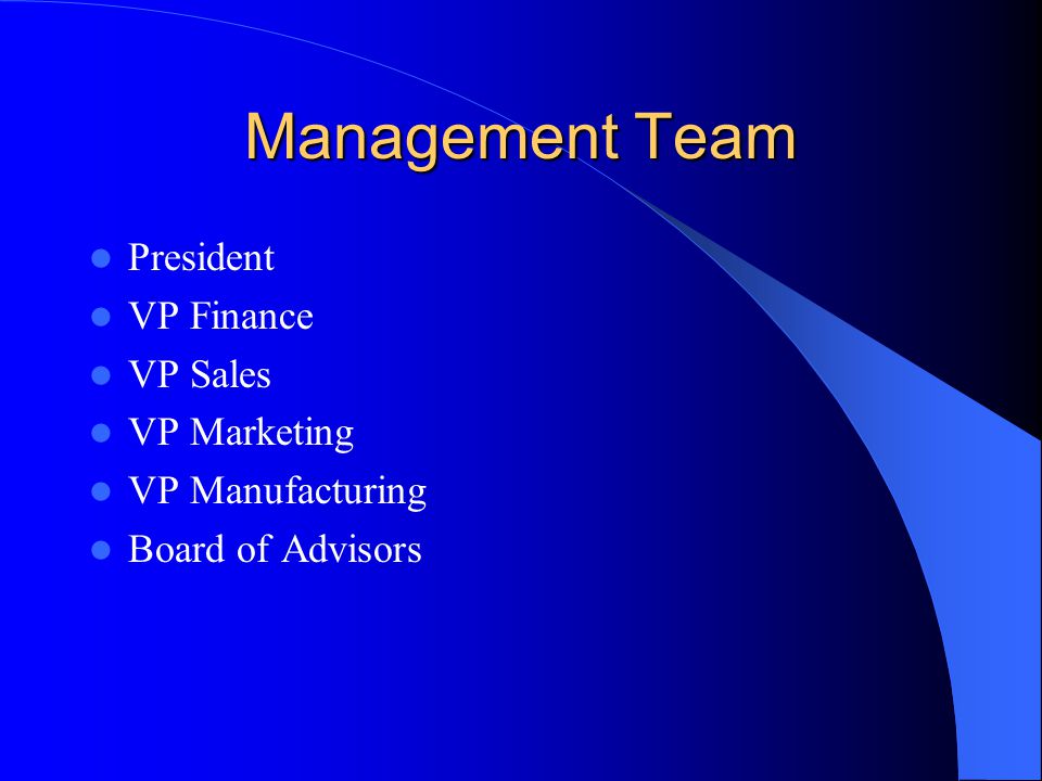 Management Team President VP Finance VP Sales VP Marketing VP Manufacturing Board of Advisors