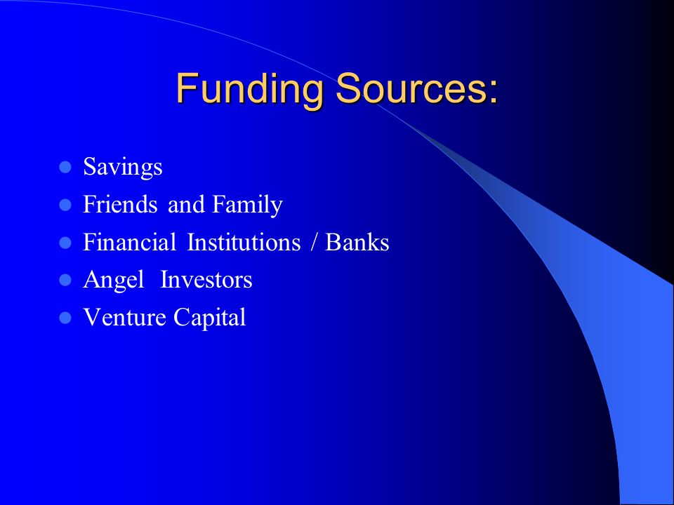 Funding Sources: Savings Friends and Family Financial Institutions / Banks Angel Investors Venture Capital