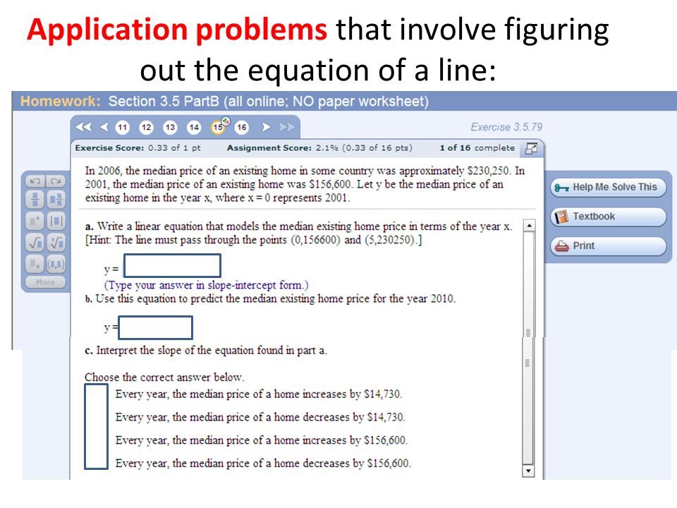 Application problems that involve figuring out the equation of a line: