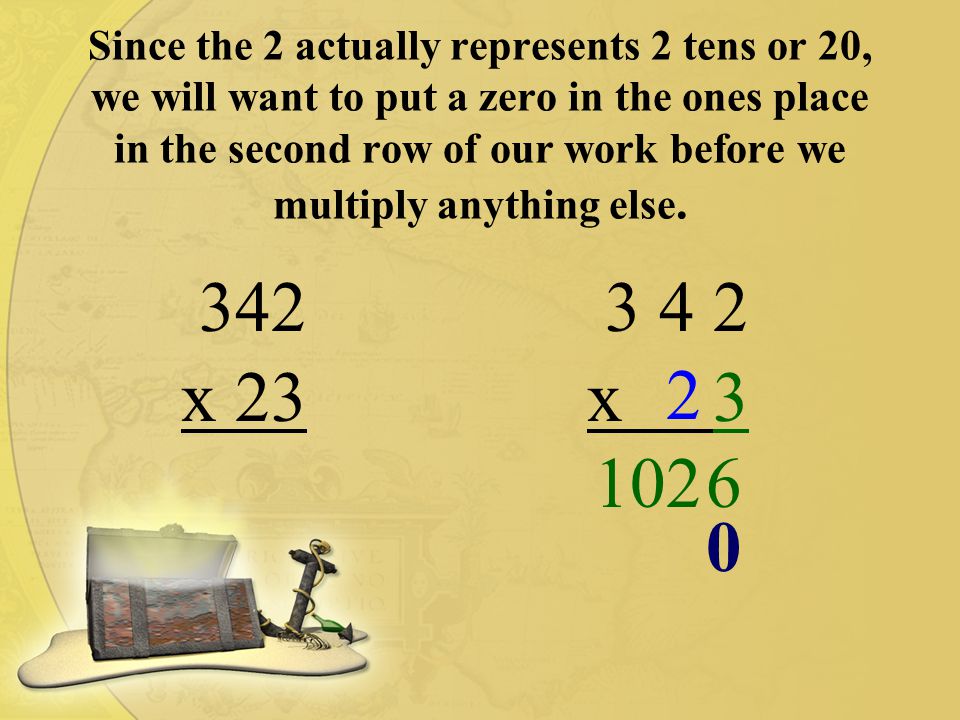 Since the 2 actually represents 2 tens or 20, we will want to put a zero in the ones place in the second row of our work before we multiply anything else.