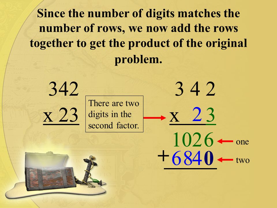 Since the number of digits matches the number of rows, we now add the rows together to get the product of the original problem.