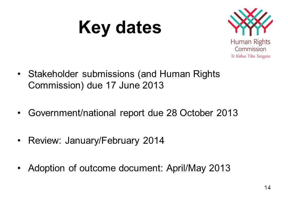 Key dates Stakeholder submissions (and Human Rights Commission) due 17 June 2013 Government/national report due 28 October 2013 Review: January/February 2014 Adoption of outcome document: April/May