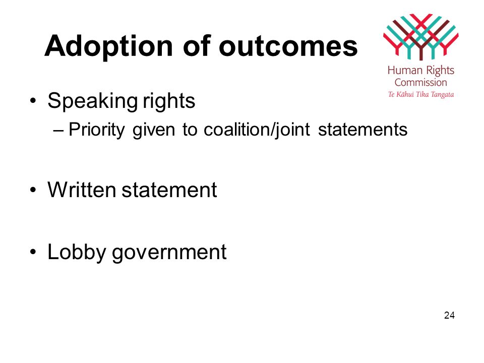 Adoption of outcomes Speaking rights –Priority given to coalition/joint statements Written statement Lobby government 24