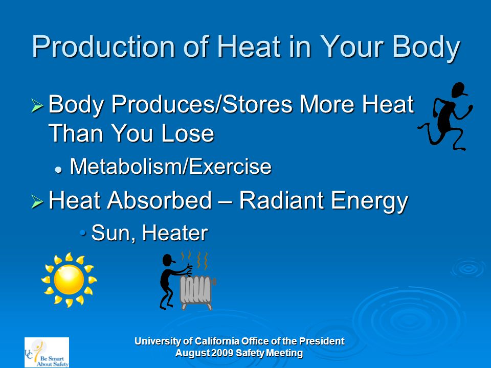 University of California Office of the President August 2009 Safety Meeting Production of Heat in Your Body  Body Produces/Stores More Heat Than You Lose Metabolism/Exercise Metabolism/Exercise  Heat Absorbed – Radiant Energy Sun, HeaterSun, Heater
