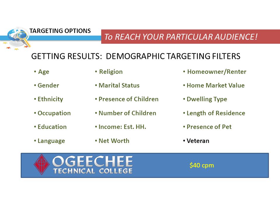 GETTING RESULTS: DEMOGRAPHIC TARGETING FILTERS Age Gender Ethnicity Occupation Education Language Religion Marital Status Presence of Children Number of Children Income: Est.