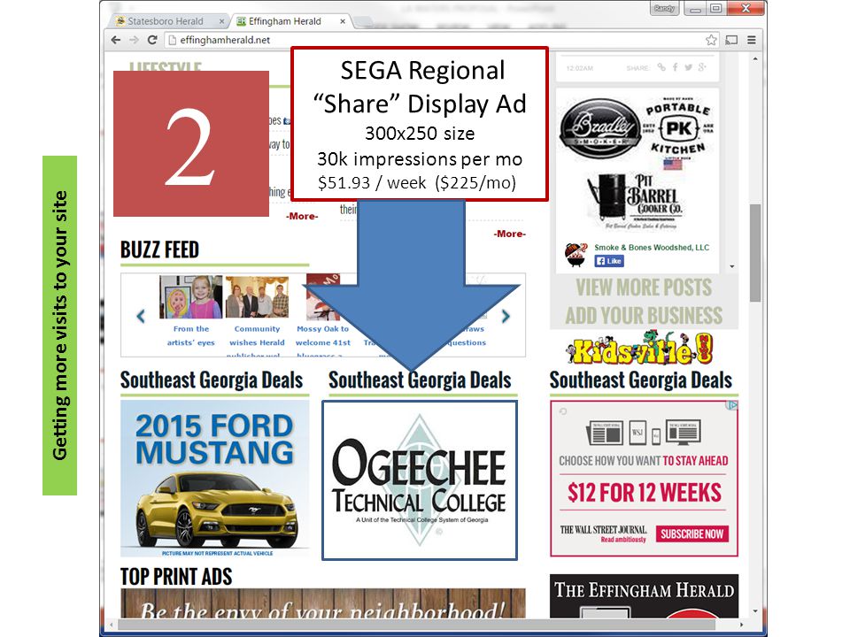 SEGA Regional Share Display Ad 300x250 size 30k impressions per mo $51.93 / week ($225/mo) Getting more visits to your site 2