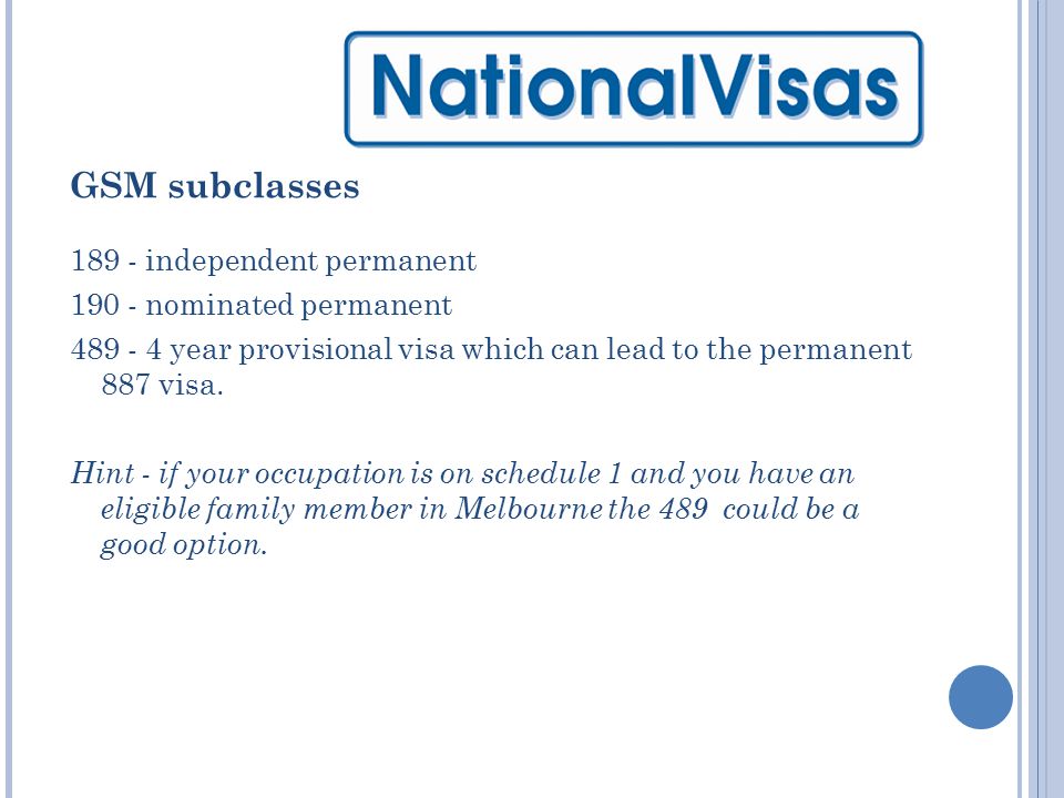 GSM subclasses independent permanent nominated permanent year provisional visa which can lead to the permanent 887 visa.