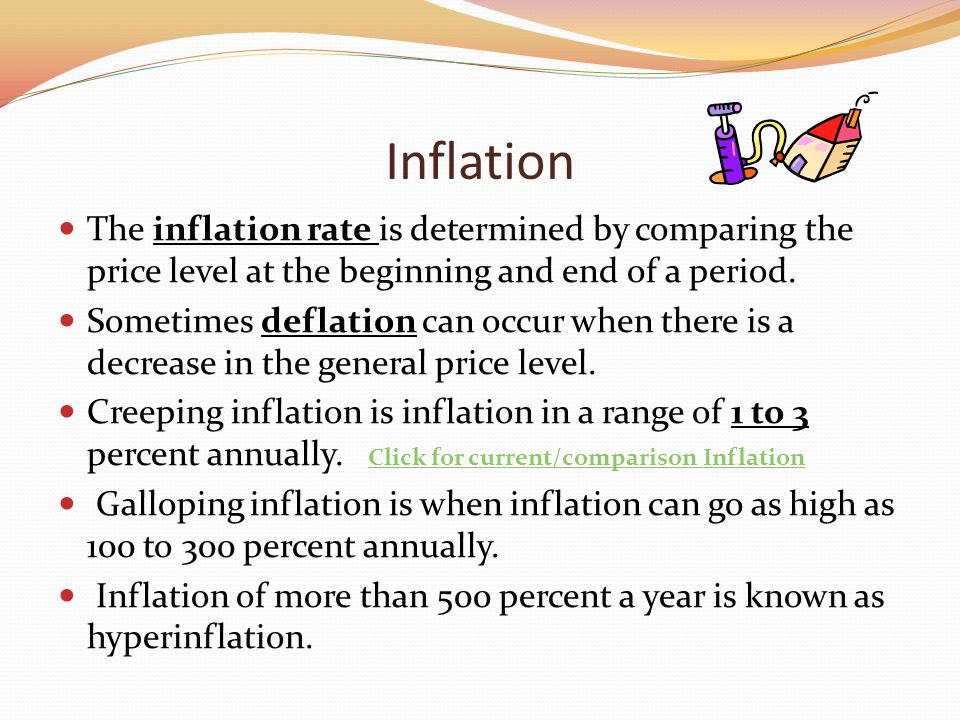 Inflation The inflation rate is determined by comparing the price level at the beginning and end of a period.