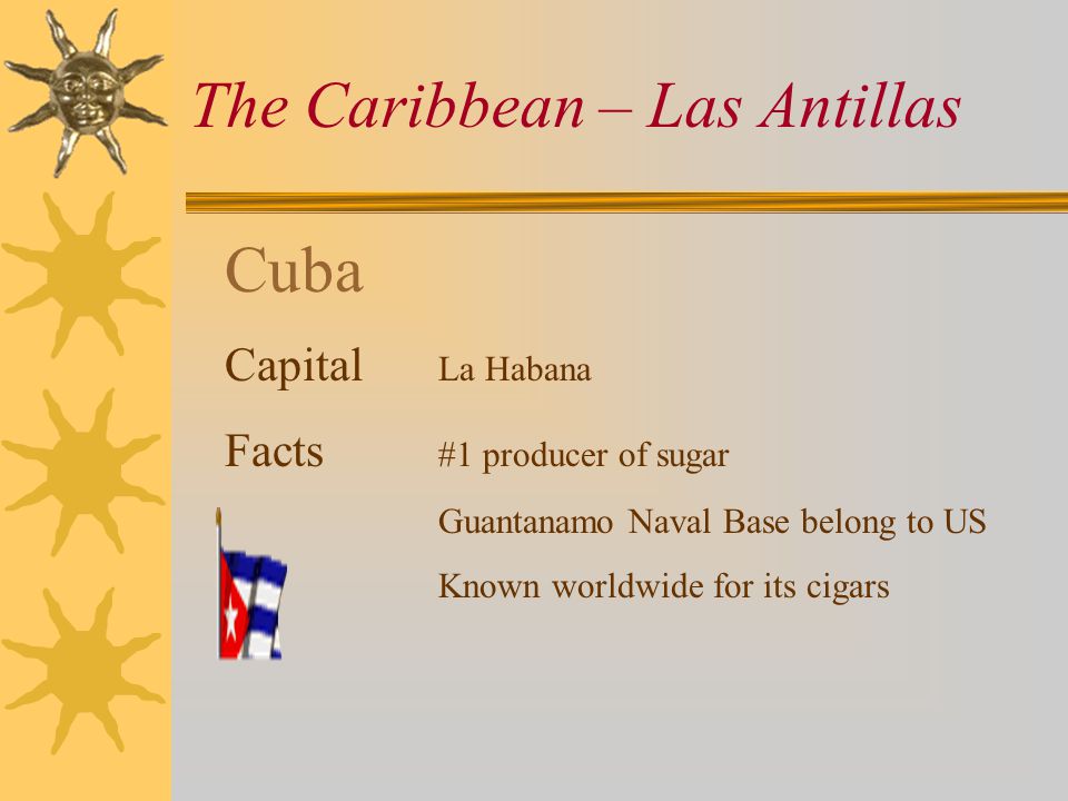 The Caribbean – Las Antillas Cuba Capital La Habana Facts #1 producer of sugar Guantanamo Naval Base belong to US Known worldwide for its cigars
