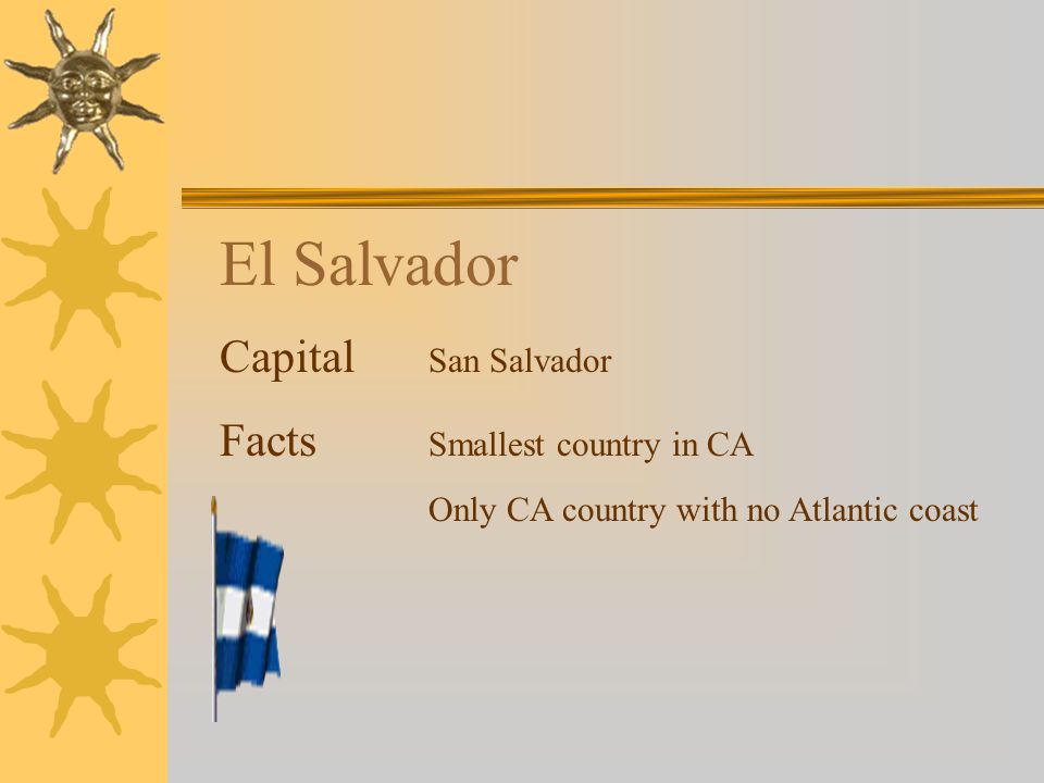 El Salvador Capital San Salvador Facts Smallest country in CA Only CA country with no Atlantic coast