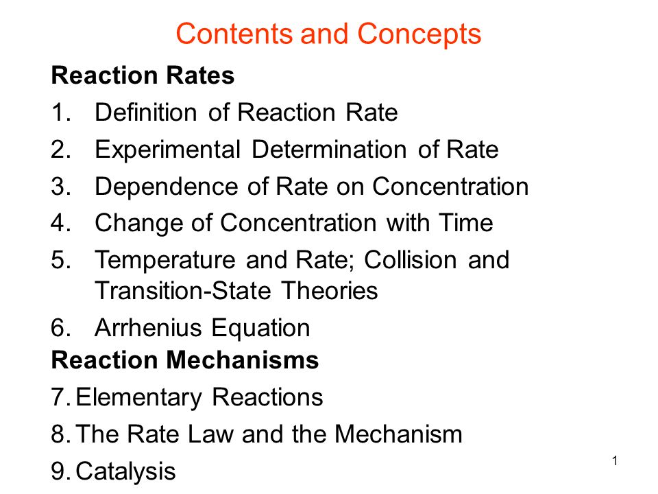 1 Reaction Rates Definition Of Rate 2 Experimental Dependence Of Rate On Concentration 4 Change With Time 5 Temperature And Collision Transition State Theories 6 Arrhenius Equation