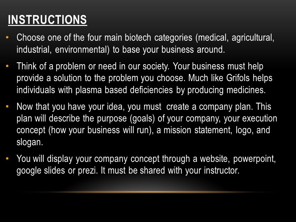 INSTRUCTIONS Choose one of the four main biotech categories (medical, agricultural, industrial, environmental) to base your business around.