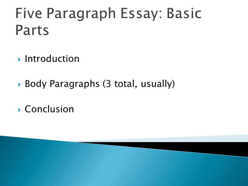 Five Paragraph Essay: Basic Parts  Introduction  Body Paragraphs (3 total, usually)  Conclusion