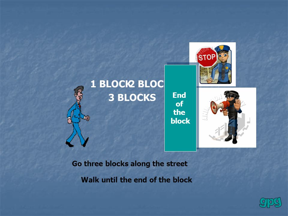 1 BLOCK2 BLOCKS 3 BLOCKS Go three blocks along the street Walk until the end of the block End of the block End of the block